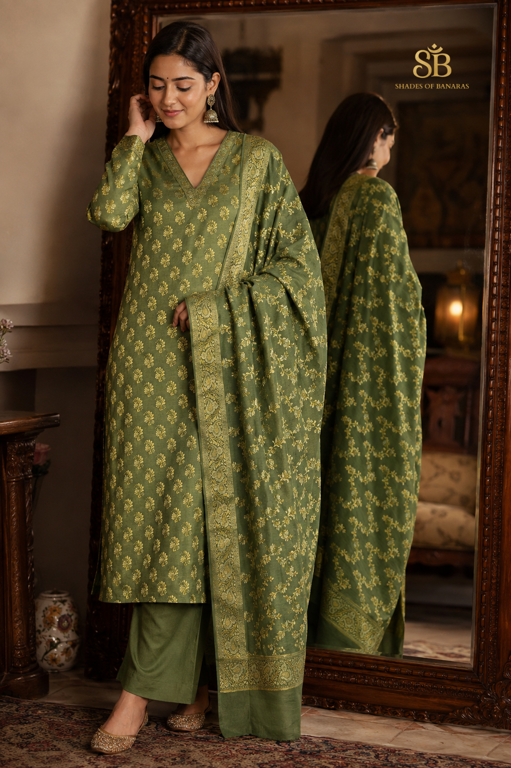 Antique Olive Green Pure Cotton Silk Banarasi Suit Set - Shades of Banaras