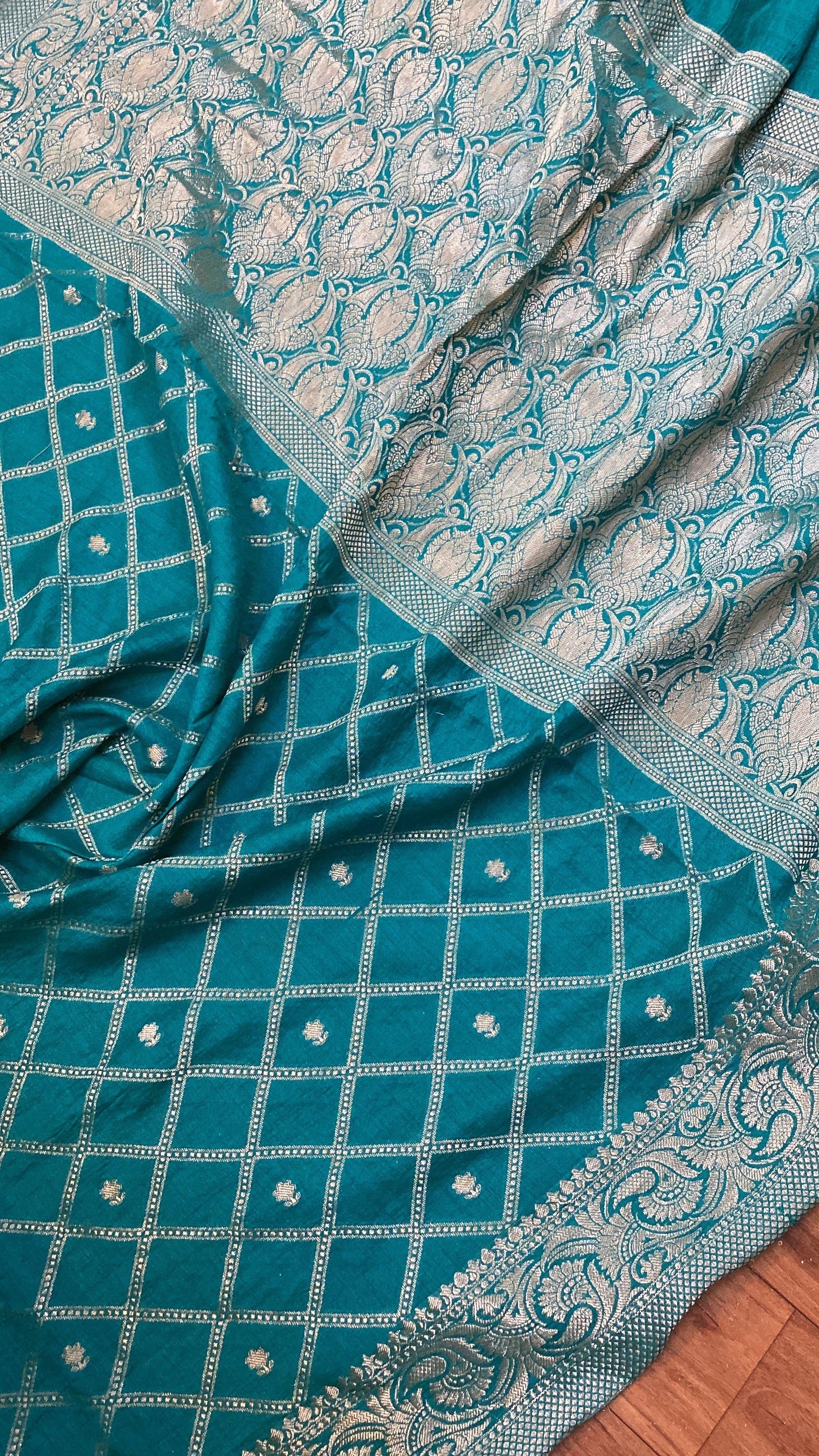 Opulent Charm: Blue Pure Moonga Silk Handloom Banarasi Saree by Shades Of Benares - banarasi - banarasi saree shop