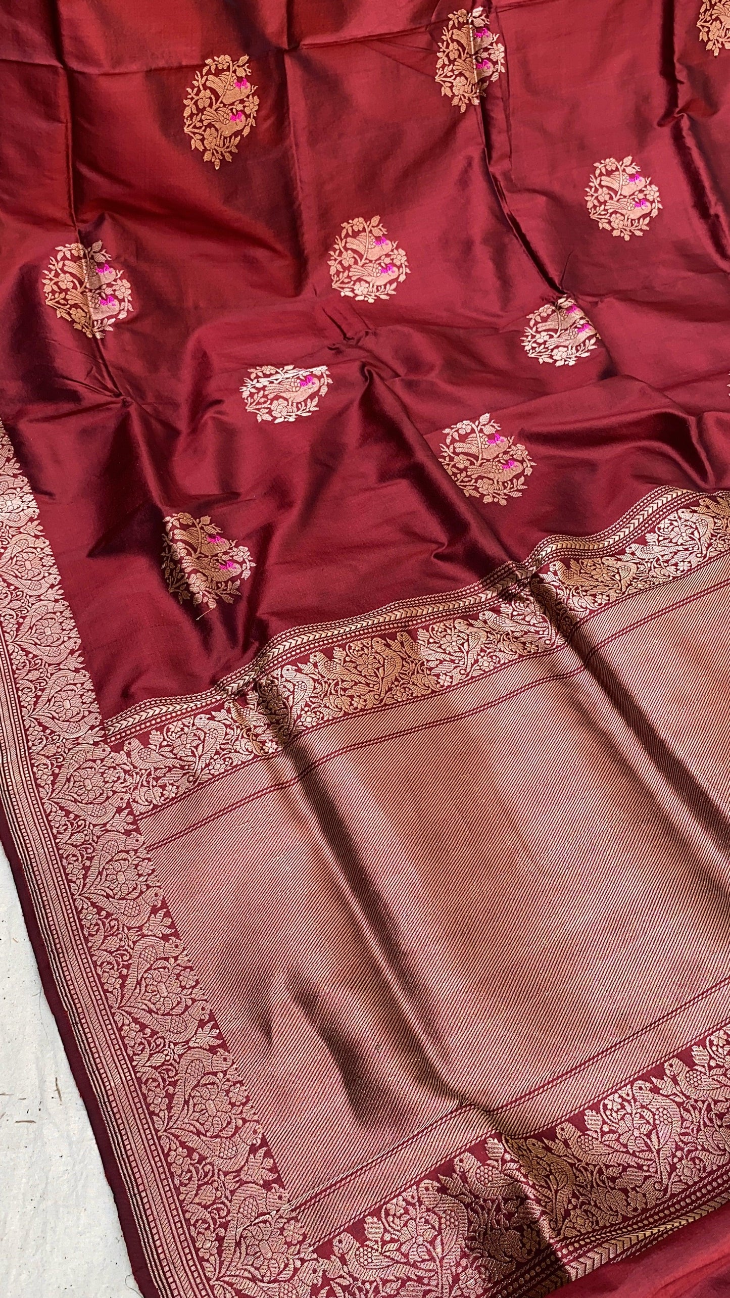 Opulent Maroon Kadhwa Banarasi Silk Saree with Minakari Shikargaah Weave by Shades Of Benares - banarasi - banarasi saree shop