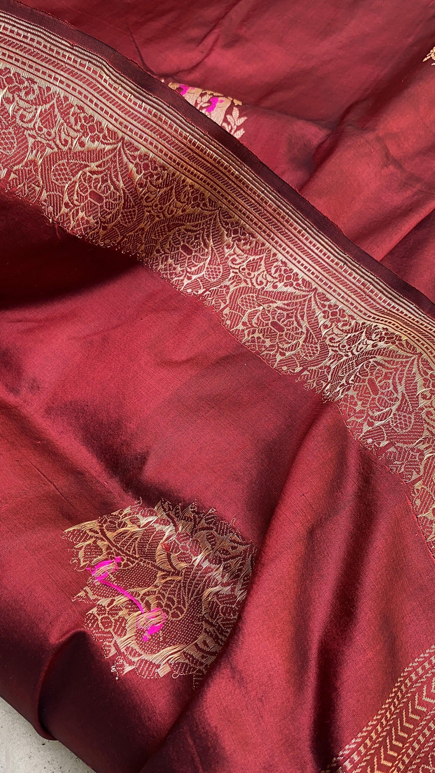 Opulent Maroon Kadhwa Banarasi Silk Saree with Minakari Shikargaah Weave by Shades Of Benares - banarasi - banarasi saree shop