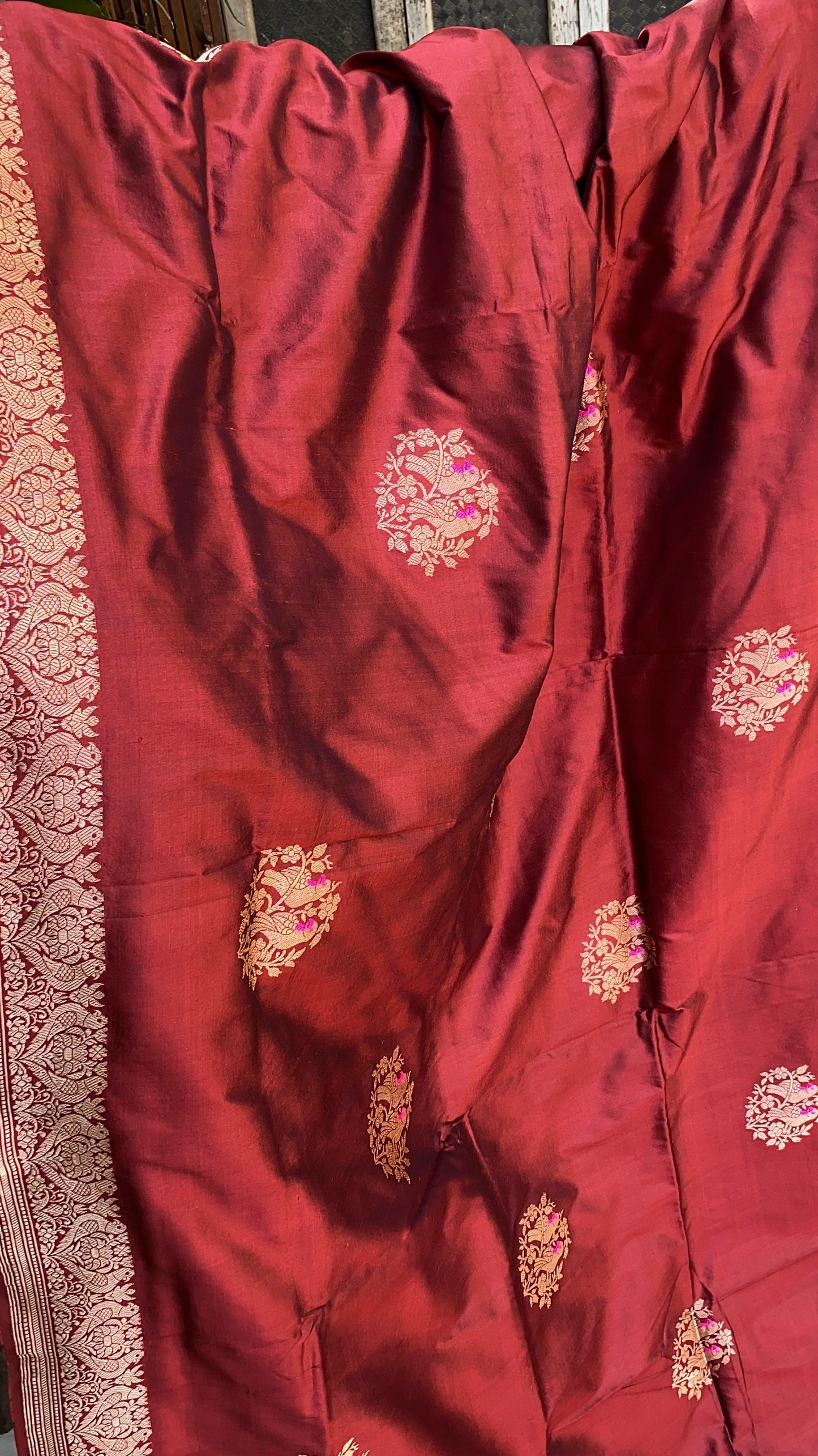 Opulent Maroon Kadhwa Banarasi Silk Saree with Minakari Shikargaah Weave by Shades Of Benares - banarasi - banarasi saree shop