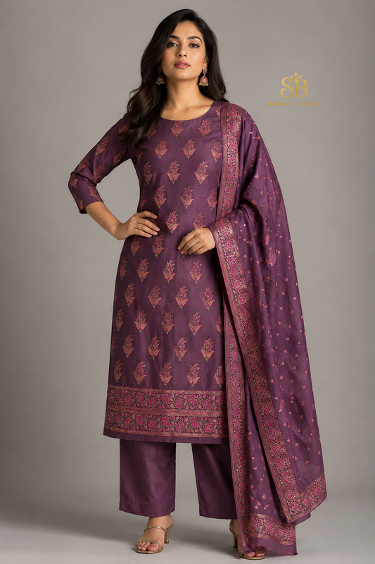 Opulent Plum Magenta Couture Handloom Banarasi Katan Silk Suit Set - Shades of Banaras