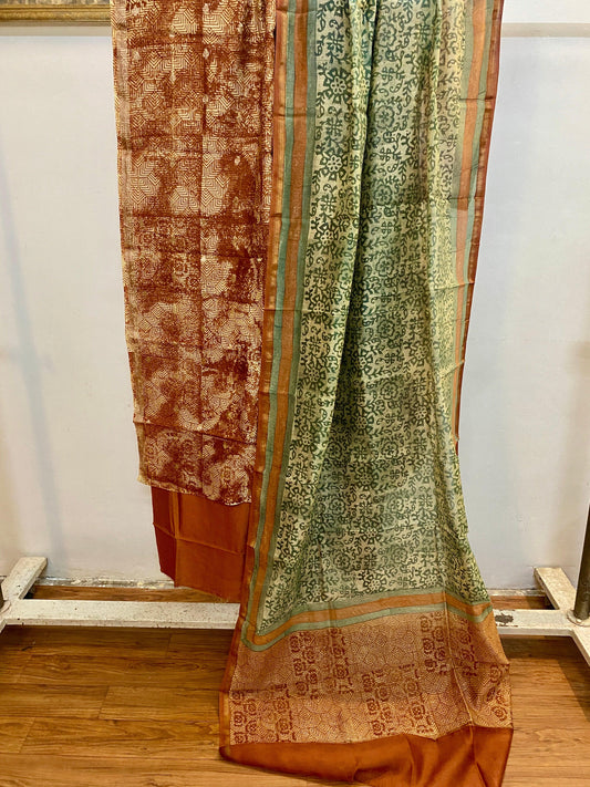 Orange & Green Banarasi Pure cotton handloom 3 pcs suit set by MBSOB - banarasi - banarasi saree shop