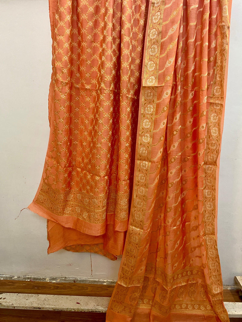 Orange Banarasi cotton silk handloom 3 pcs suit set - Shades Of Benares