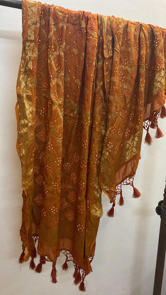 Orange Georgette Bandhani Dupatta by Shades Of Benares - banarasi - banarasi saree shop