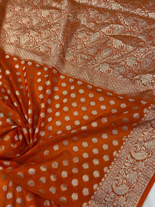 Orange Handloom Banarasi Cotton Silk Sari - Perfect for Party and Festive Wear by Shades Of Benares - banarasi - banarasi saree shop