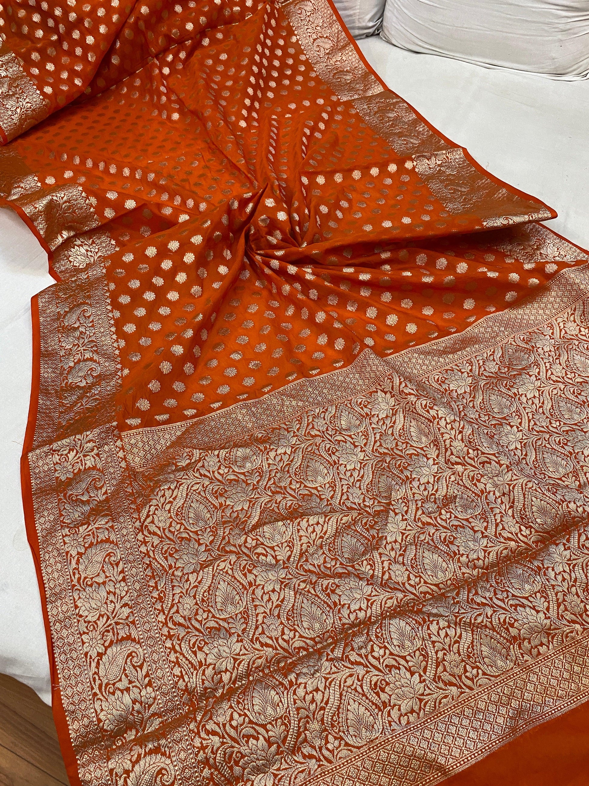 Orange Handloom Banarasi Cotton Silk Sari - Perfect for Party and Festive Wear by Shades Of Benares - banarasi - banarasi saree shop