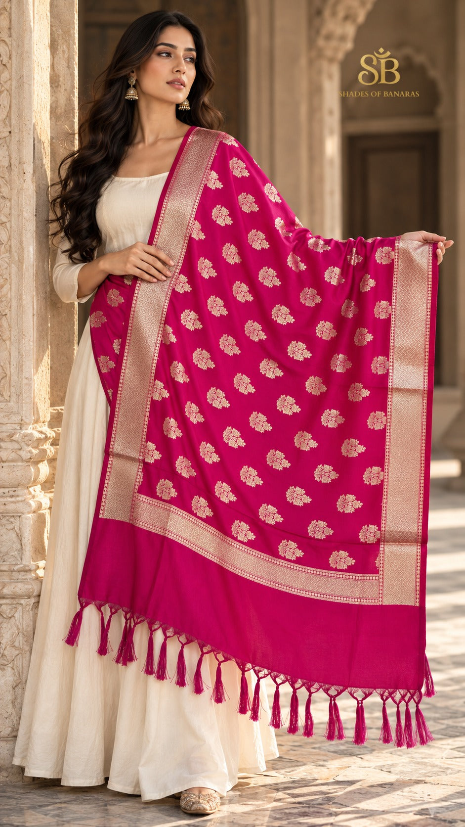 Orchid magenta pink katan soft silk Banarasi handloom dupatta with gold cutwork butis from Banaras, draped over a cream suit
