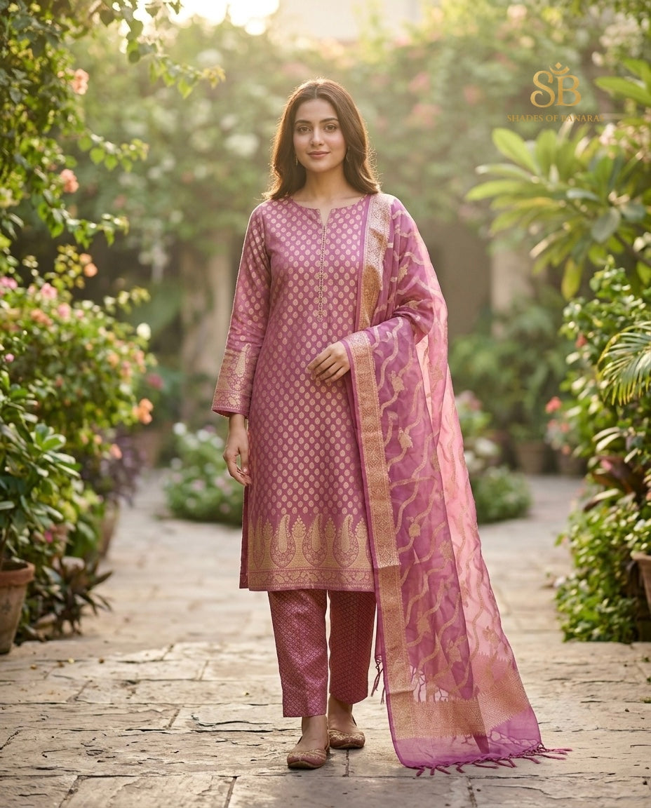 Orchid pink pure cotton silk Banarasi handloom unstitched suit set in garden