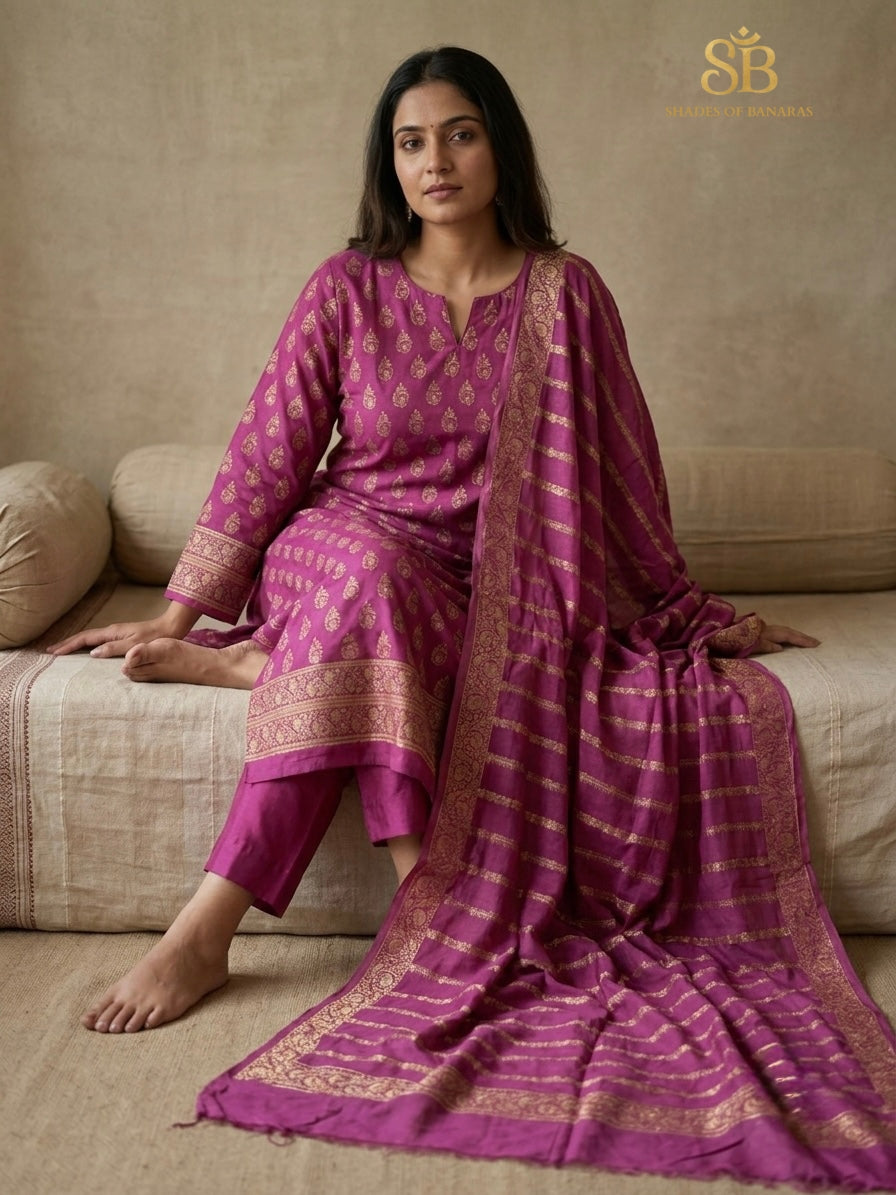 Mystic Orchid Pink Pure Cotton Silk Banarasi Suit Set - Shades of Banaras