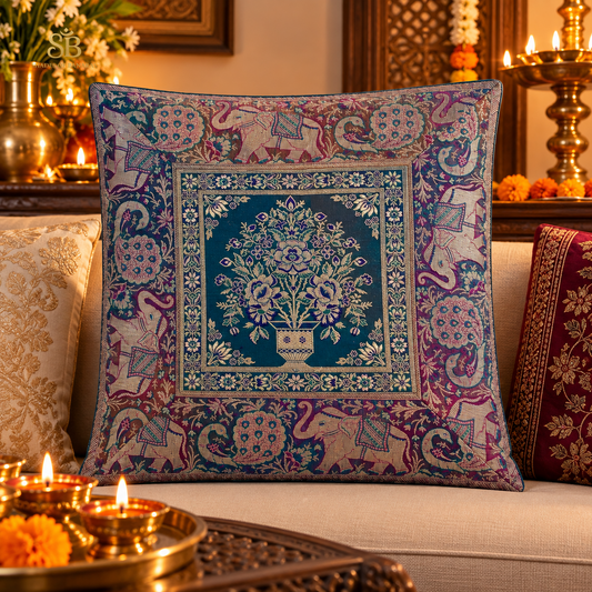 Teal blue pure brocade Banarasi handloom cushion cover with floral vase motif from Varanasi