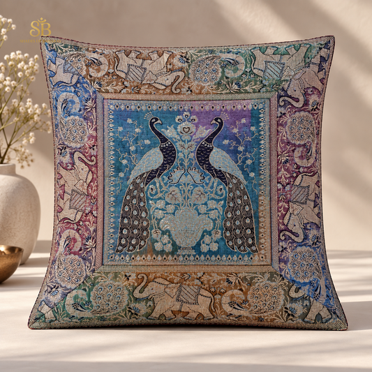 Multicolor pure brocade Banarasi handloom cushion cover with peacock pair motif from Banaras