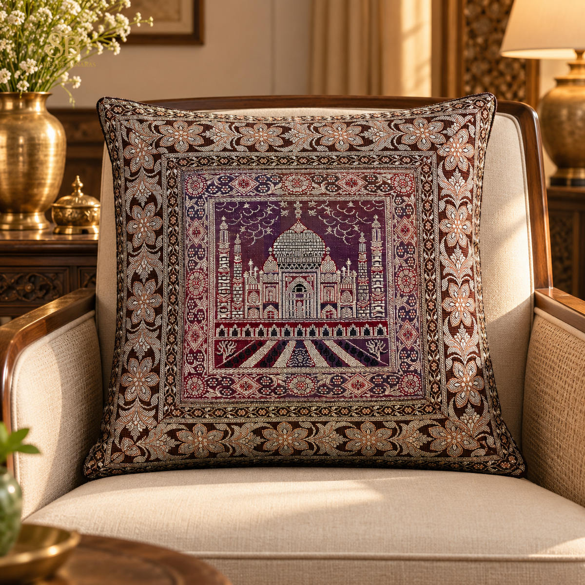 Brown pure brocade Banarasi handloom cushion cover with Taj Mahal motif from Varanasi