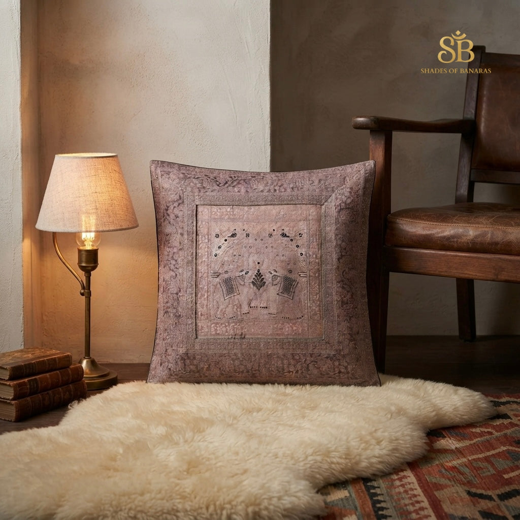 Dusty rose pink pure brocade Banarasi handloom cushion cover with paired elephant motif from Banaras