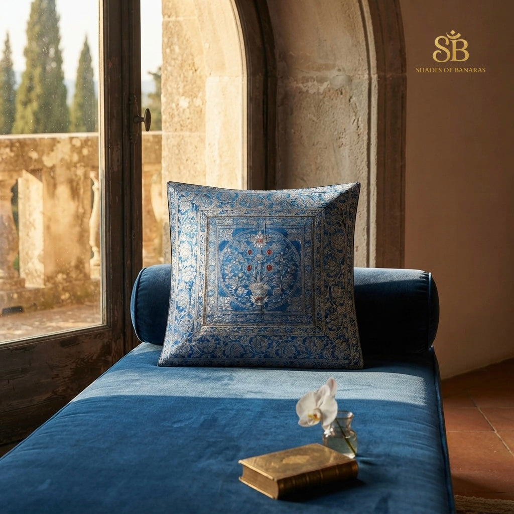 Cobalt blue pure brocade Banarasi handloom cushion cover with floral medallion on a blue velvet chaise