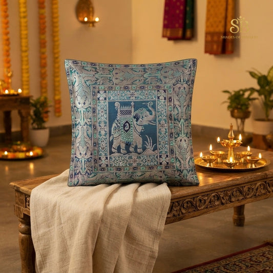 Teal blue pure brocade Banarasi handloom cushion cover with elephant howdah motif from Varanasi