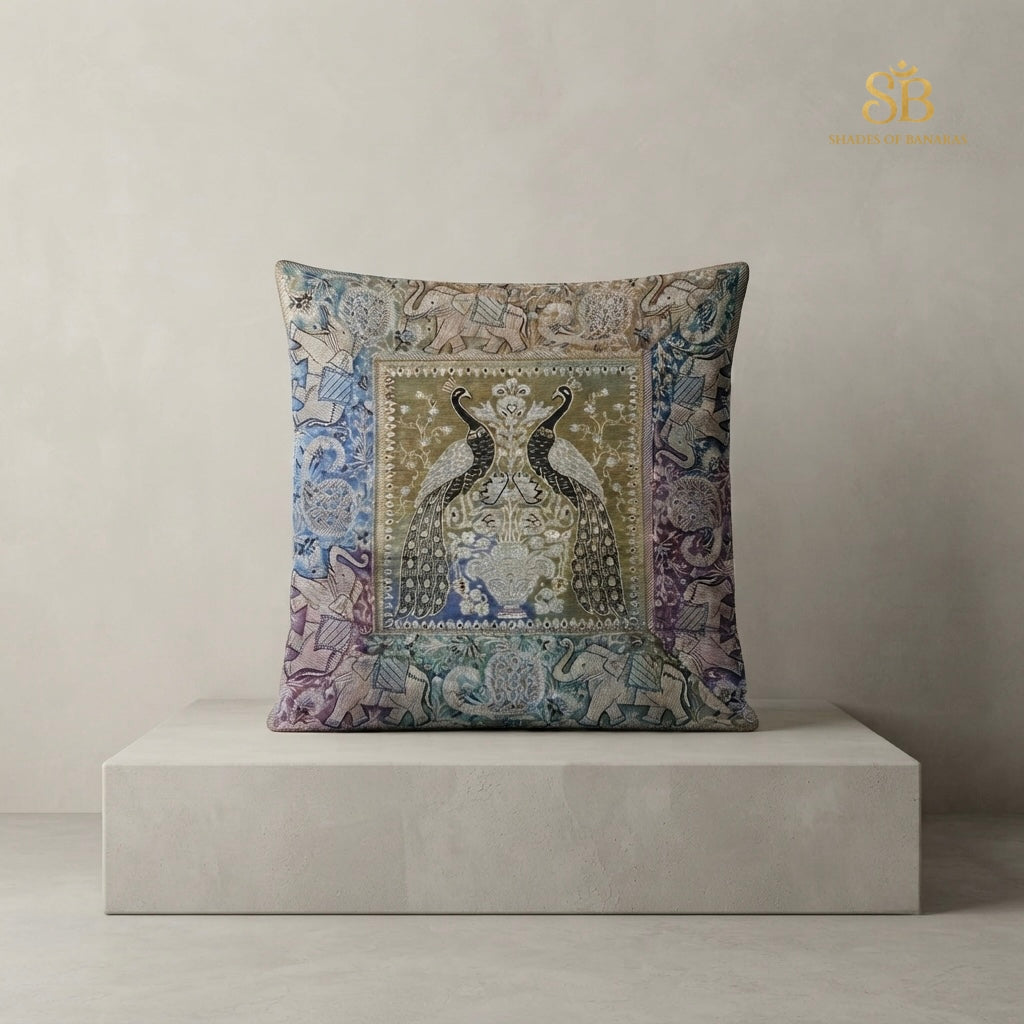 Multicolor pure brocade Banarasi handloom cushion cover with peacock pair motif from Banaras