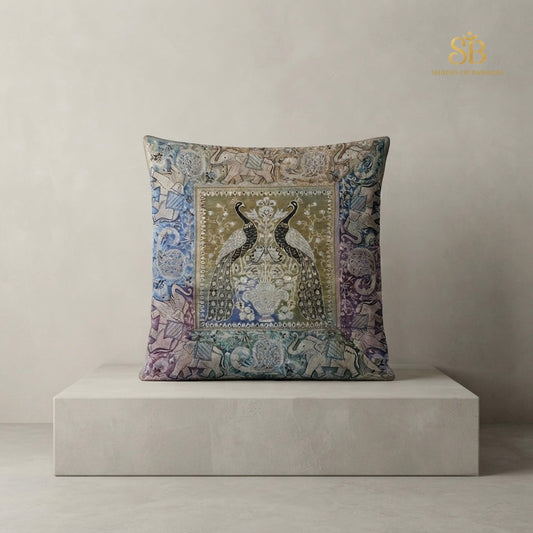 Multicolor pure brocade Banarasi handloom cushion cover with peacock pair motif from Banaras