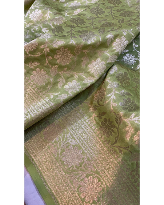 Pastel Green Handloom Katan Uppada Silk Banarasi Saree by Shades Of Benares - banarasi - banarasi saree shop