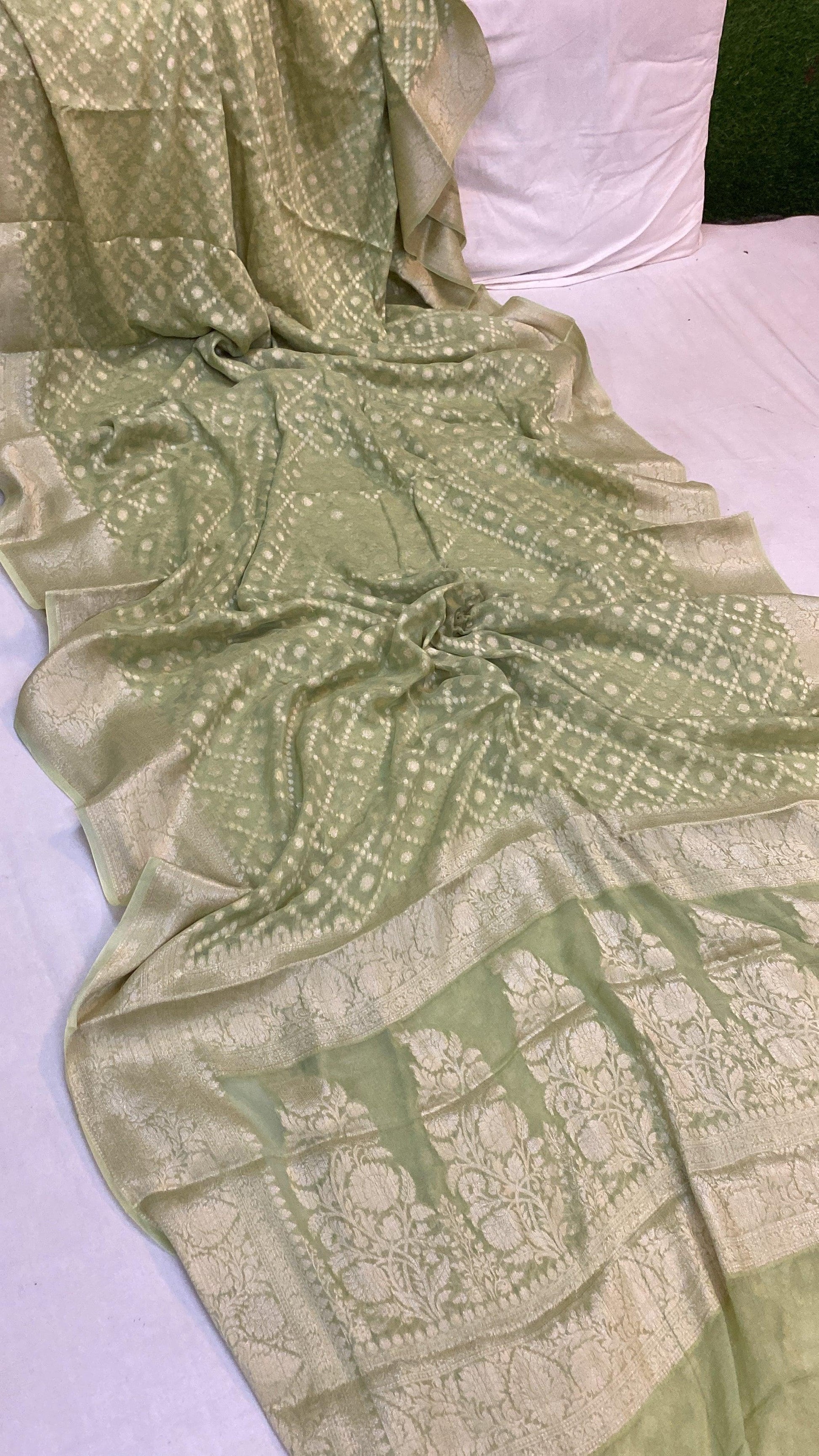 Pastel Green Pure Khaddi Georgette Banarasi Sari by Shades Of Benares - banarasi - banarasi saree shop