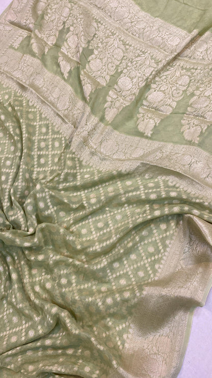 Pastel Green Pure Khaddi Georgette Banarasi Sari by Shades Of Benares - banarasi - banarasi saree shop