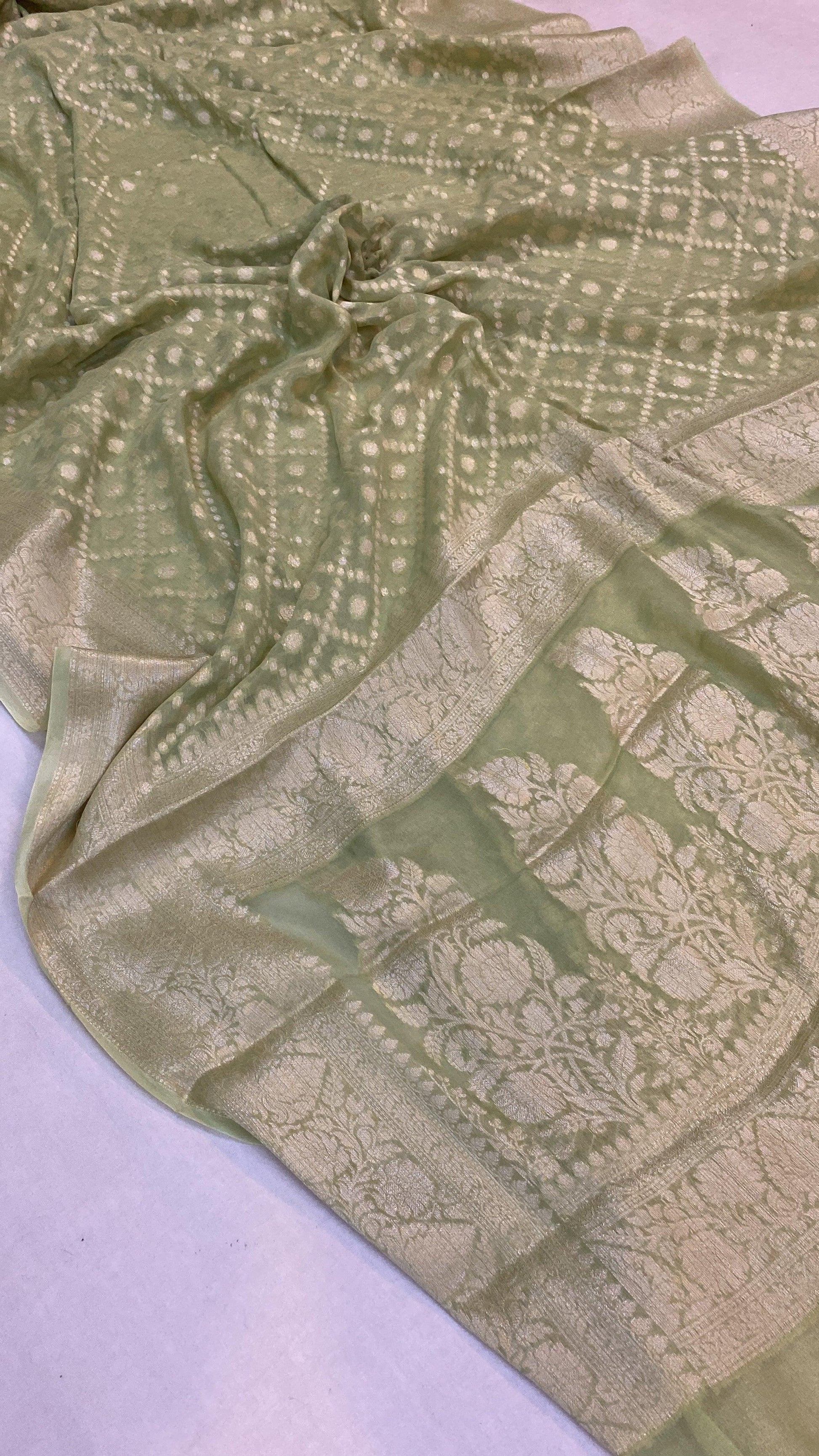 Pastel Green Pure Khaddi Georgette Banarasi Sari by Shades Of Benares - banarasi - banarasi saree shop