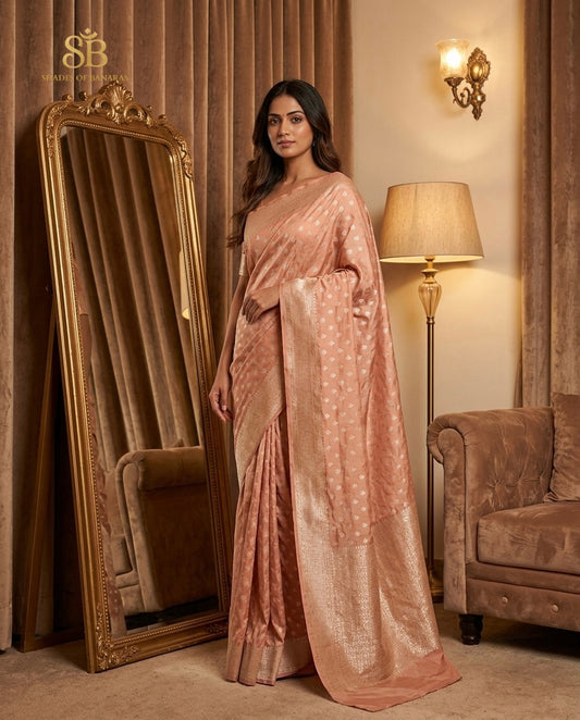 Rose gold pure Katan silk Banarasi handloom saree in warm interior light