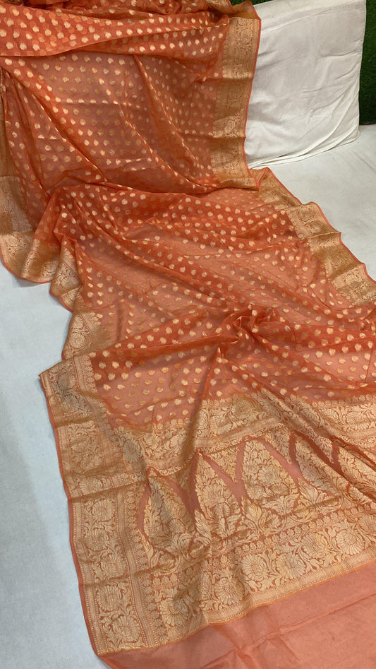 Peach Pure Khaddi Georgette Banarasi Sari by Shades Of Benares - banarasi - banarasi saree shop