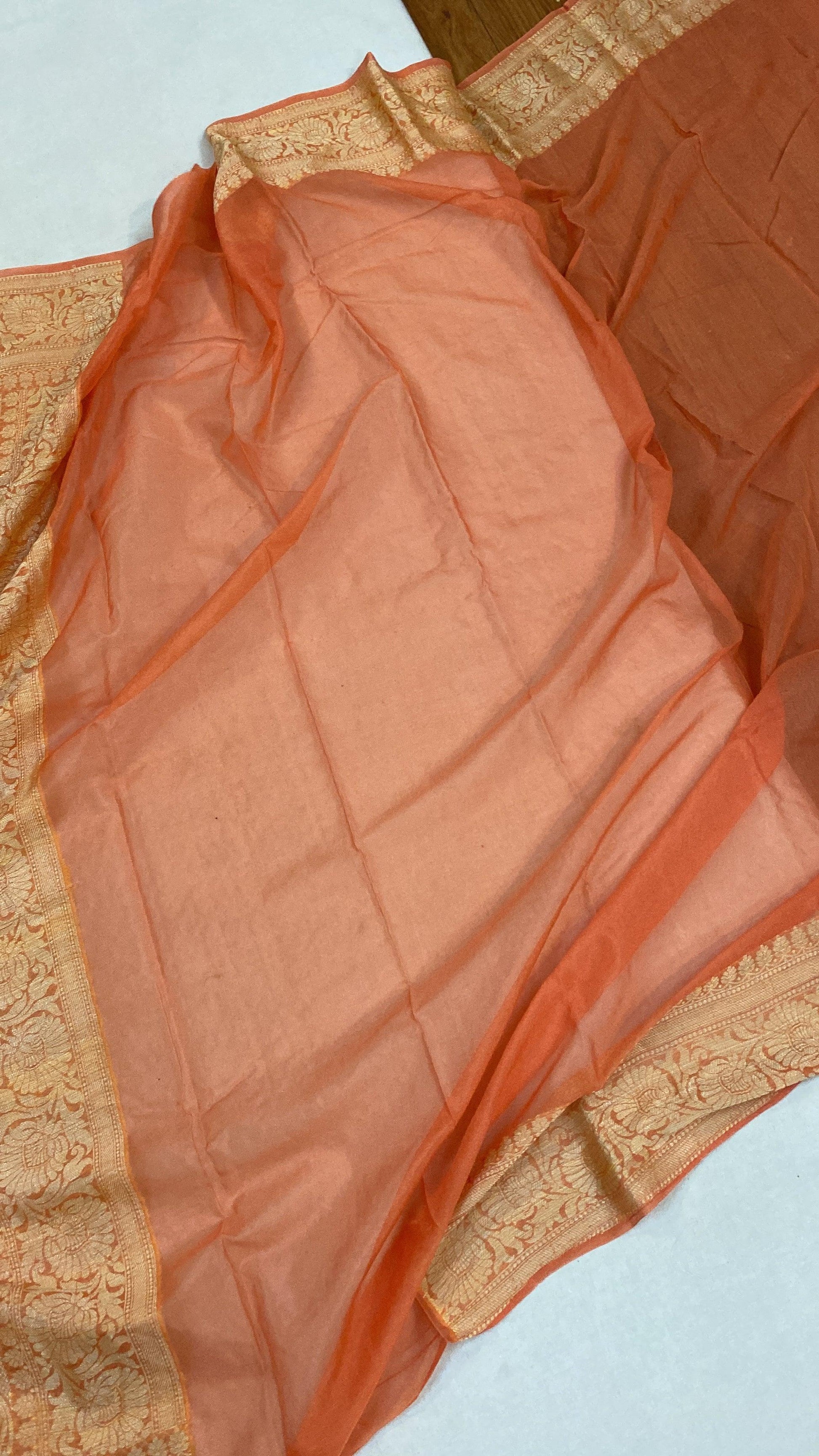 Peach Pure Khaddi Georgette Banarasi Sari by Shades Of Benares - banarasi - banarasi saree shop