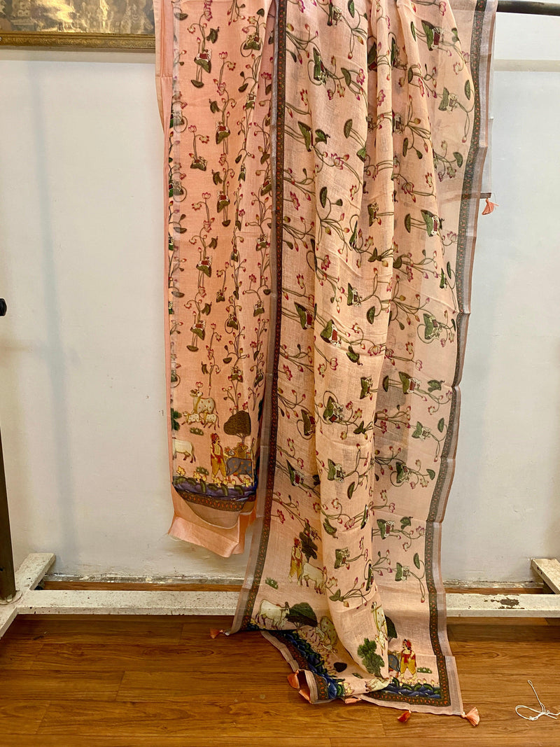Peach Pure Linen handloom 3 pcs suit set - Shades Of Benares