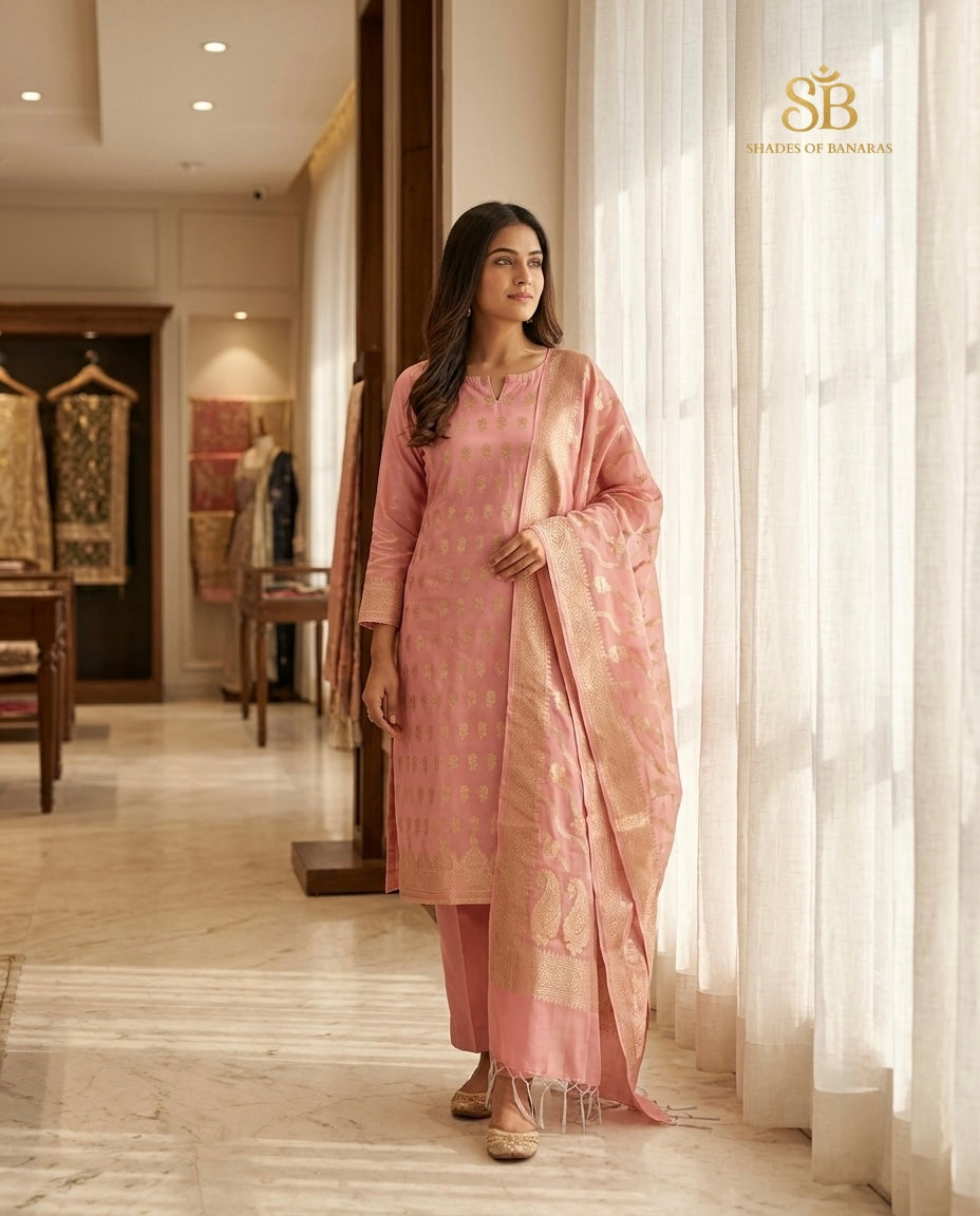 Peachish pink pure cotton silk Banarasi handloom unstitched suit set in boutique