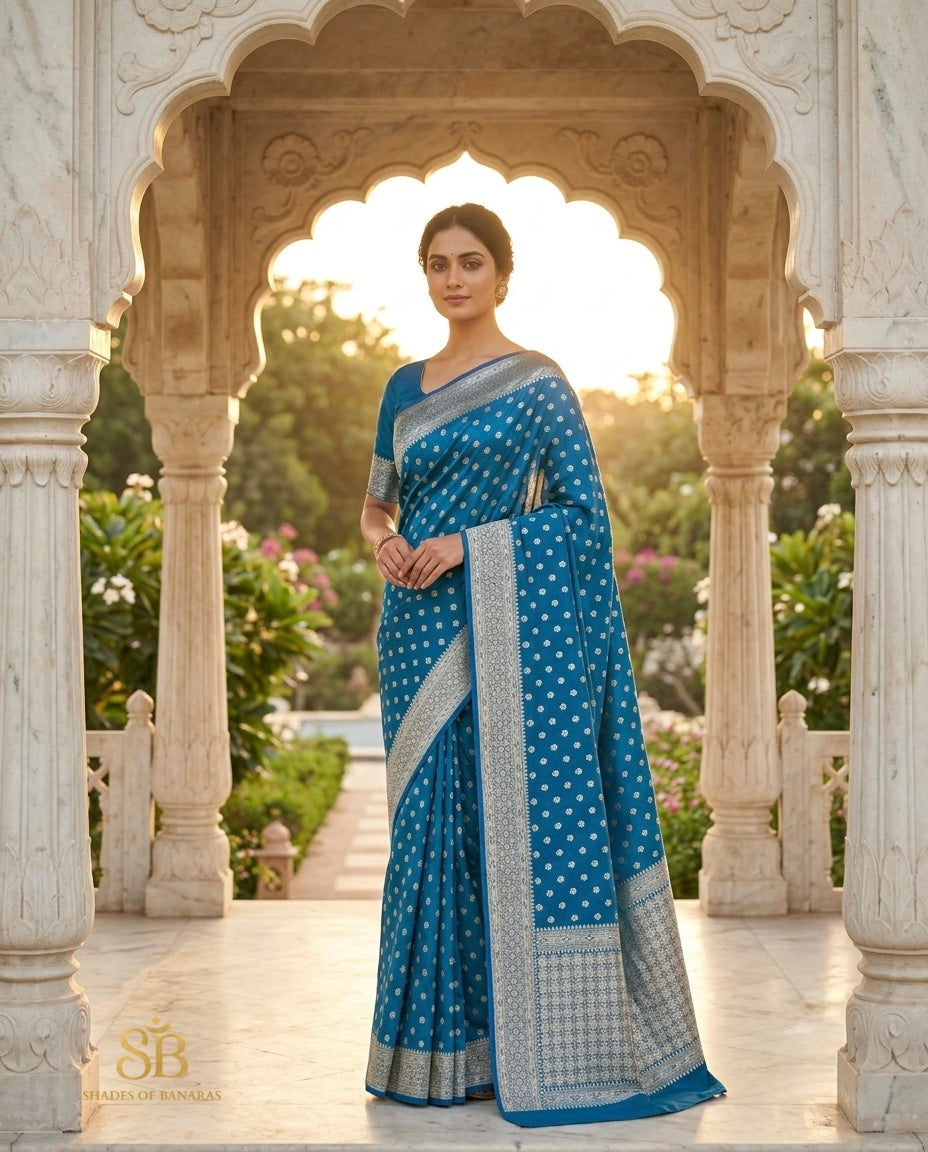 Azure teal pure Katan silk Banarasi handloom saree at heritage archway