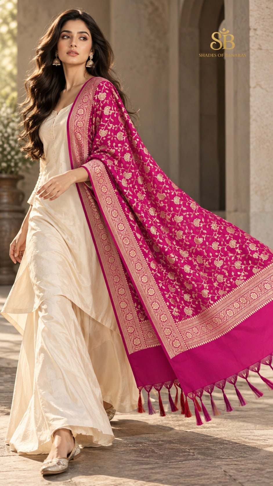 Peony fuchsia pink katan soft silk Banarasi handloom dupatta with all-over cutwork jaal from Banaras, flowing in motion