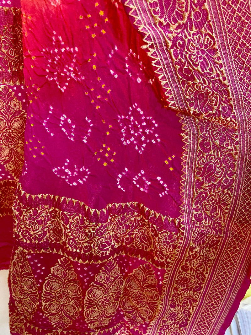 Pink & Orange Pure Khaddi Georgette Bandhani Dupatta - Shades Of Benares