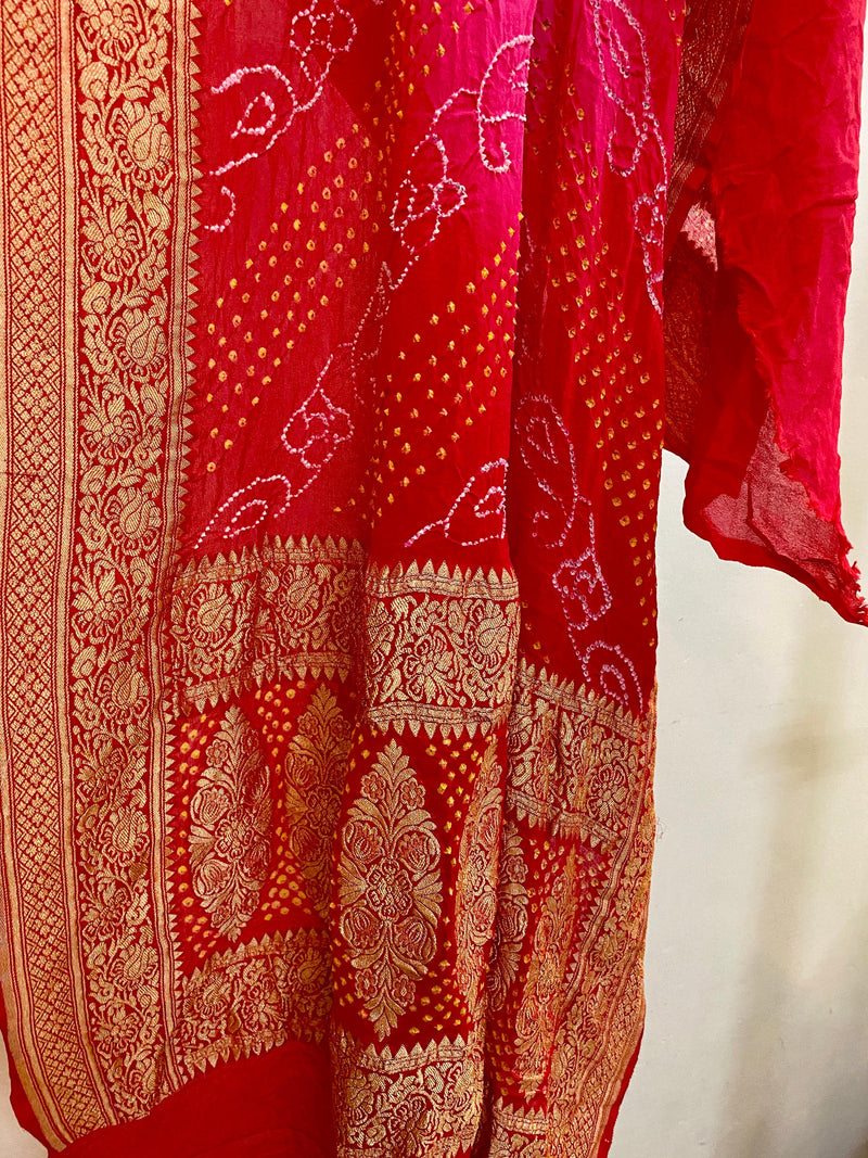 Pink & Red Pure Khaddi Georgette Bandhani Dupatta - Shades Of Benares