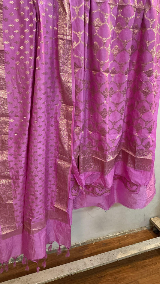 Pink Banarasi cotton silk handloom 3 pcs suit set by Shades Of Benares - banarasi - banarasi saree shop