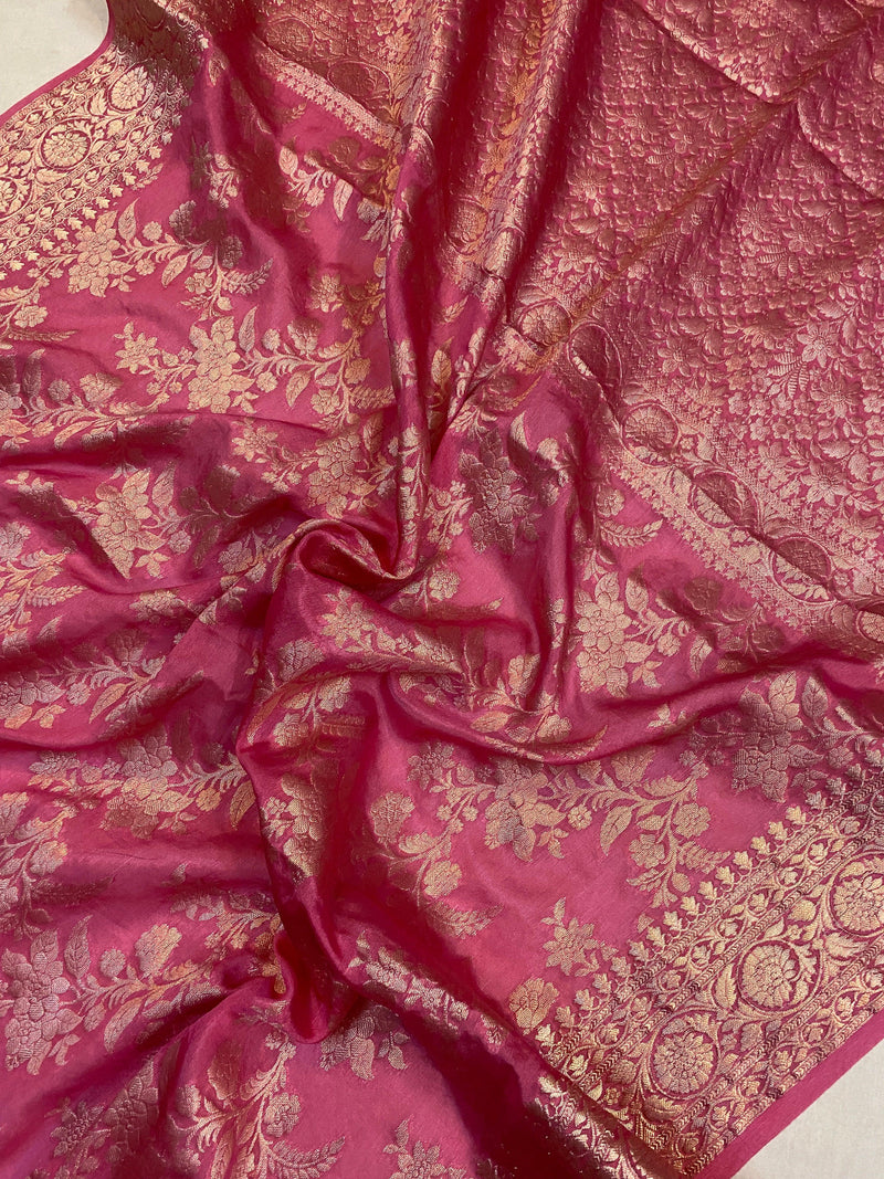 Pink Handloom Crepe Butter Silk Banarasi Sari by Shades Of Benares - banarasi - banarasi saree shop