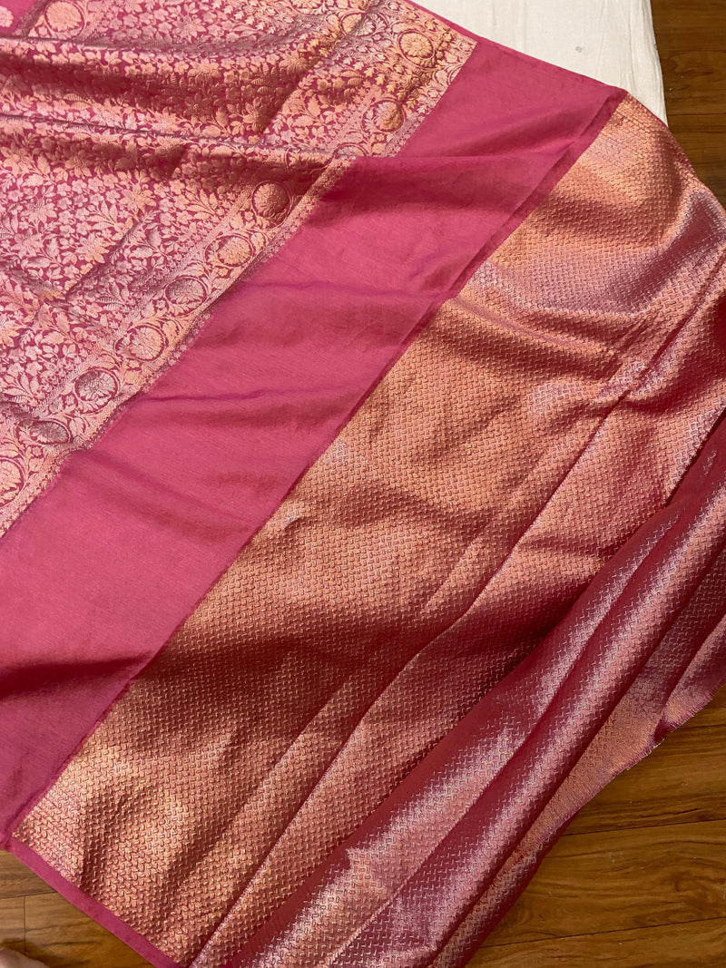 Pink Handloom Crepe Butter Silk Banarasi Sari by Shades Of Benares - banarasi - banarasi saree shop