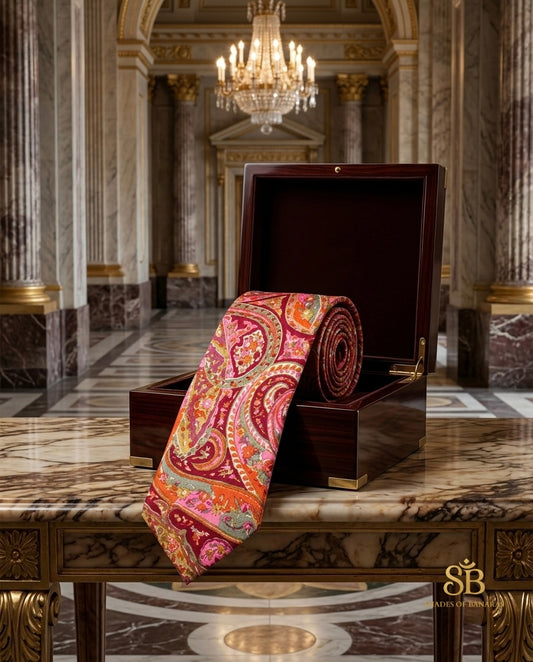 Pink pure silk Banarasi handloom necktie from Varanasi with hand printed paisley