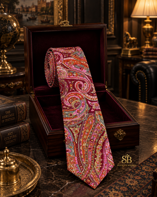Pink pure silk Banarasi handloom necktie with hand printed paisley swirl design - Shades of Banaras