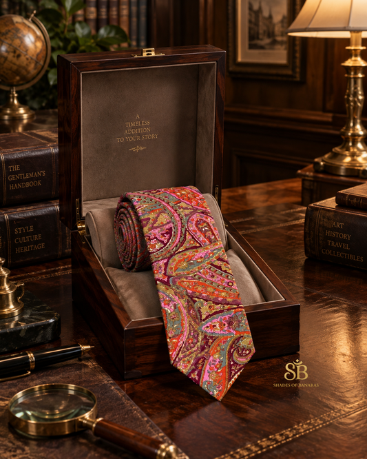 Pink pure silk Banarasi handloom necktie with hand printed paisley swirl design - Shades of Banaras