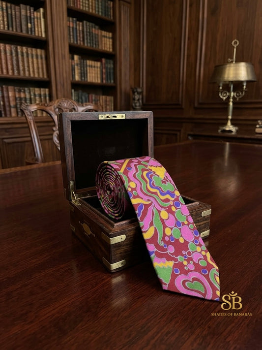 Pink pure silk Banarasi handloom necktie from Varanasi with hand printed swirl pattern