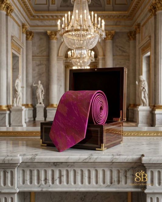 Pink pure silk Banarasi handloom necktie from Varanasi with hand printed abstract texture
