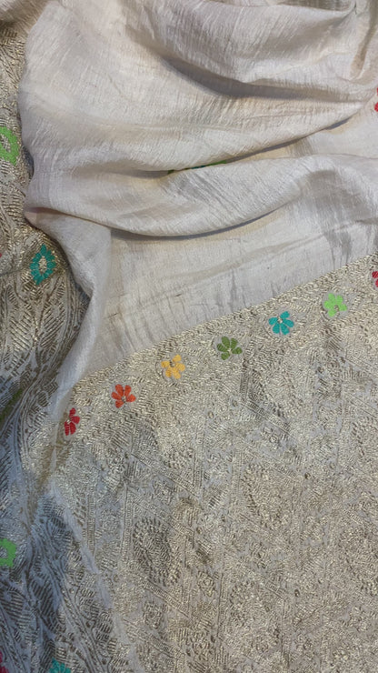 Pure Khaddi Tussar Silk Kadhwa Banarasi Saree with Tilfi Floral Motifs