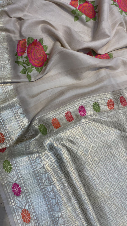 Pure Khaddi Tussar Silk Kadhwa Banarasi Saree with Minakari Floral Motifs