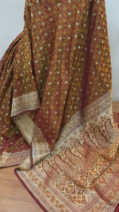 Brown Pure Silk Jaamewar Designer Banarasi Saree with Tanchui Weave