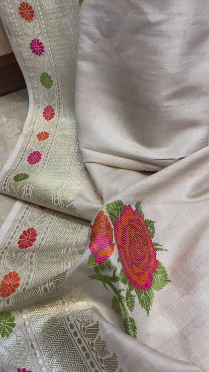 Pure Khaddi Tussar Silk Kadhwa Banarasi Saree with Minakari Floral Motifs