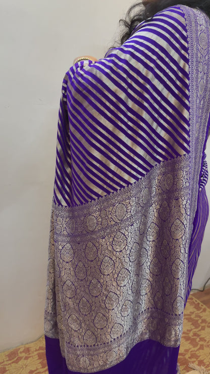 Purple Pure Khaddi Georgette Handloom Banarasi Saree with Gold Zari Stripes