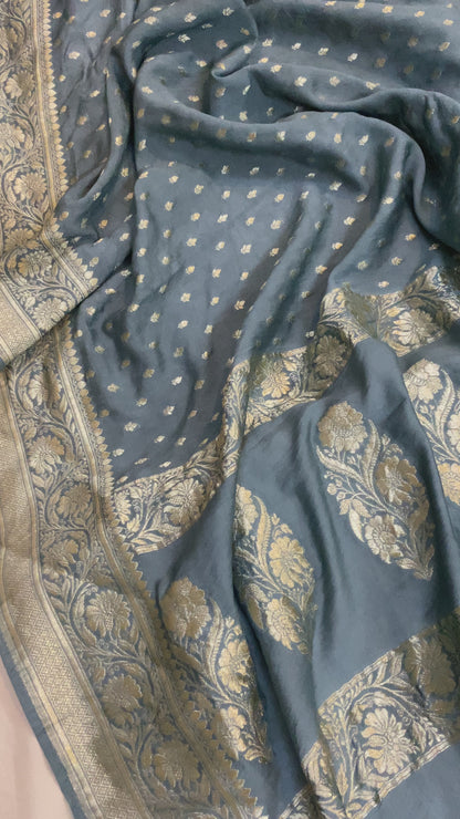 The Grey Handloom Pure Moonga Silk Banarasi Saree