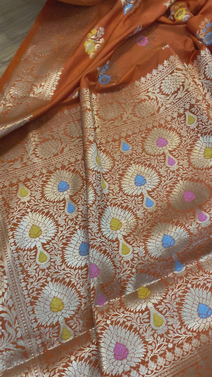 Orange Pure Soft Silk Designer Banarasi Saree with Tilfi Butis